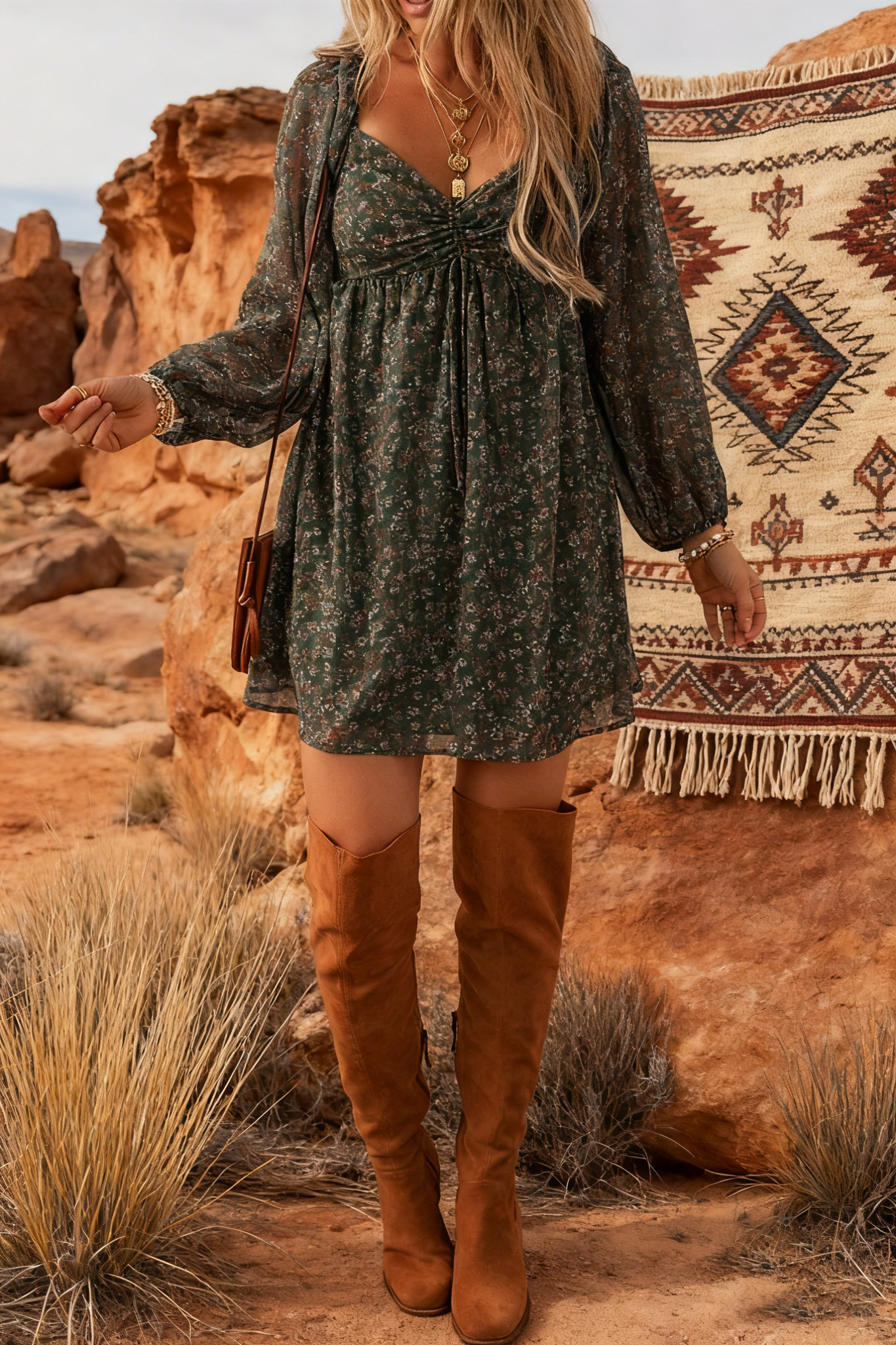 Ruched Printed Long Sleeve Mini Dress