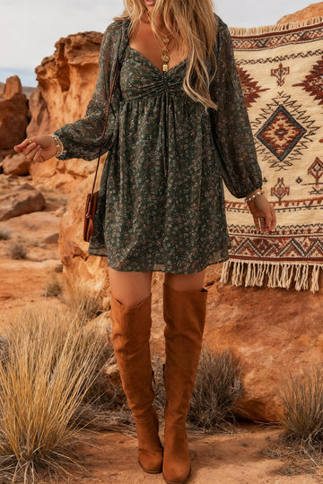 Ruched Printed Long Sleeve Mini Dress