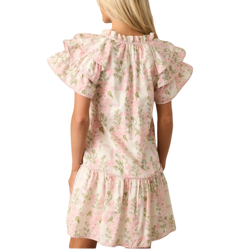 Women's Floral Contrast Edge Layered Short Sleeves Mini Dress