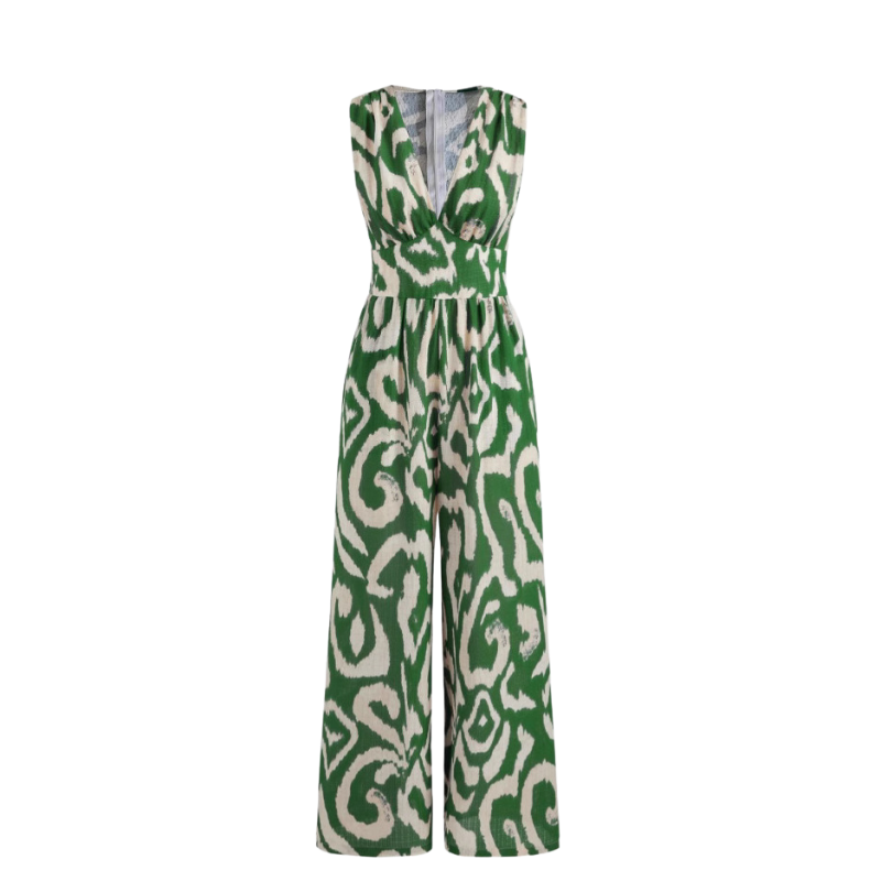 Woven V-neck Abstract Sleeveless Wide Leg Jumpsuit