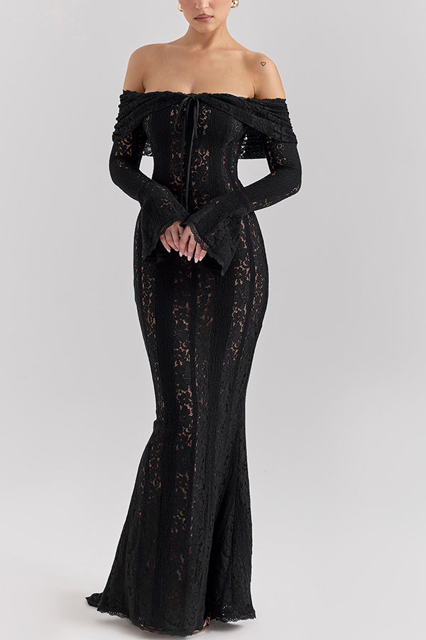 Floral Lace Off Shoulder Bell Sleeve Stretch Maxi Dress