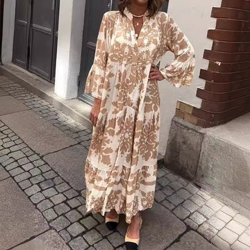 Stand Collar Flated Sleeve Printed Casual Dress