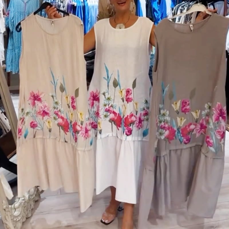 Women's Loose Floral Sleeveless Dress with Round Neckline