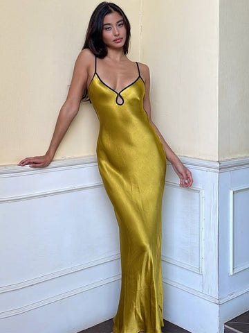 Solid Color Satin Strap Lace up Backless Maxi Dress