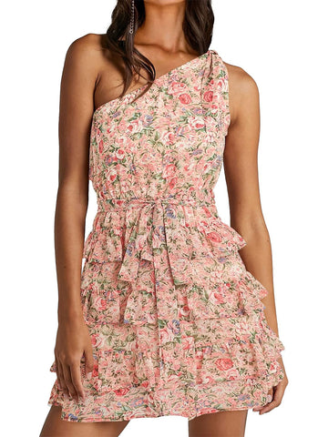 One Shoulder Floral Boho Belted Layered Ruffle A-Line Mini Dress