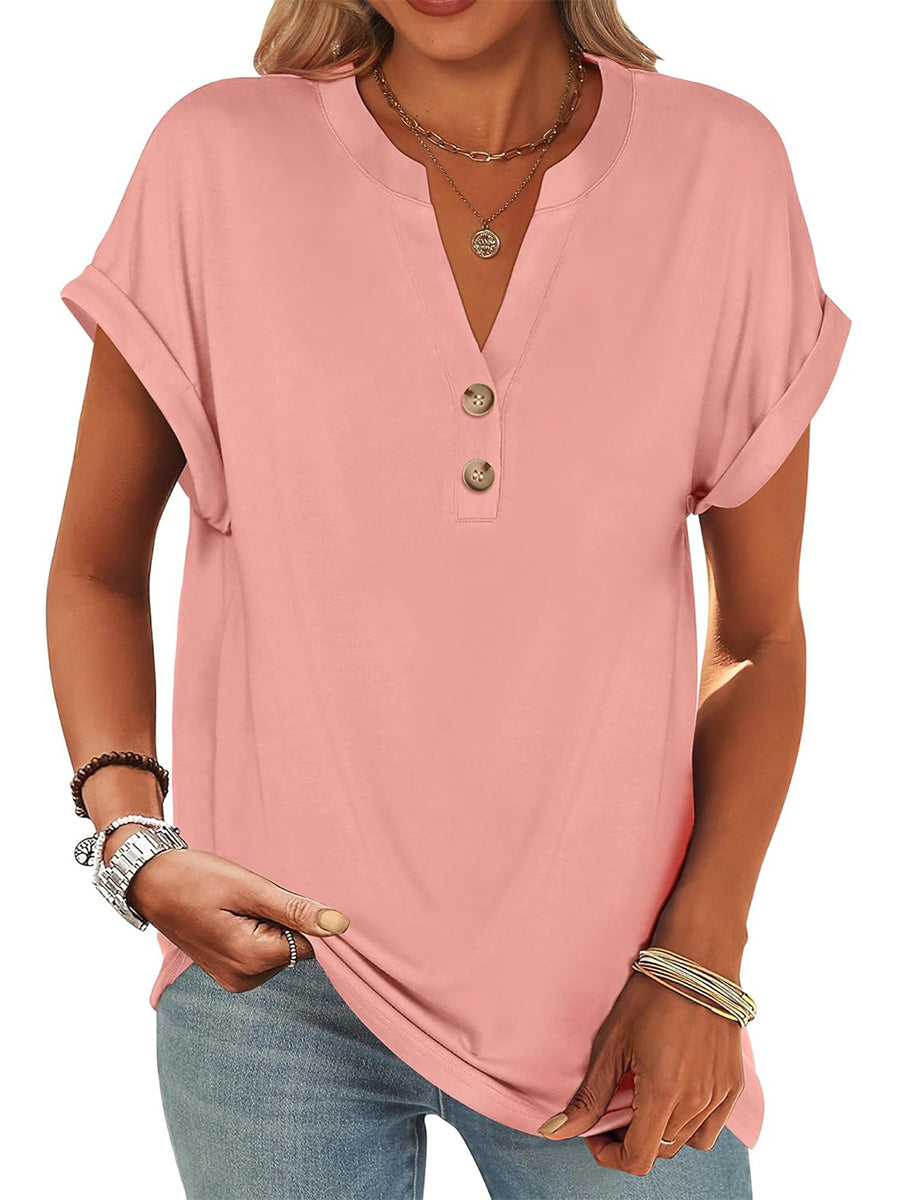 Women's V Neck Button Casual Loose Fit Short Sleeve Henley Tops
