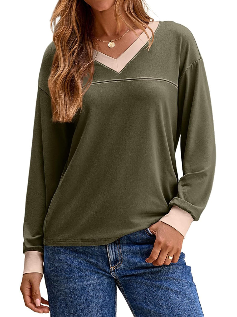 Women's Long Sleeve Casual Soft V Neck Oversized T Shirts
