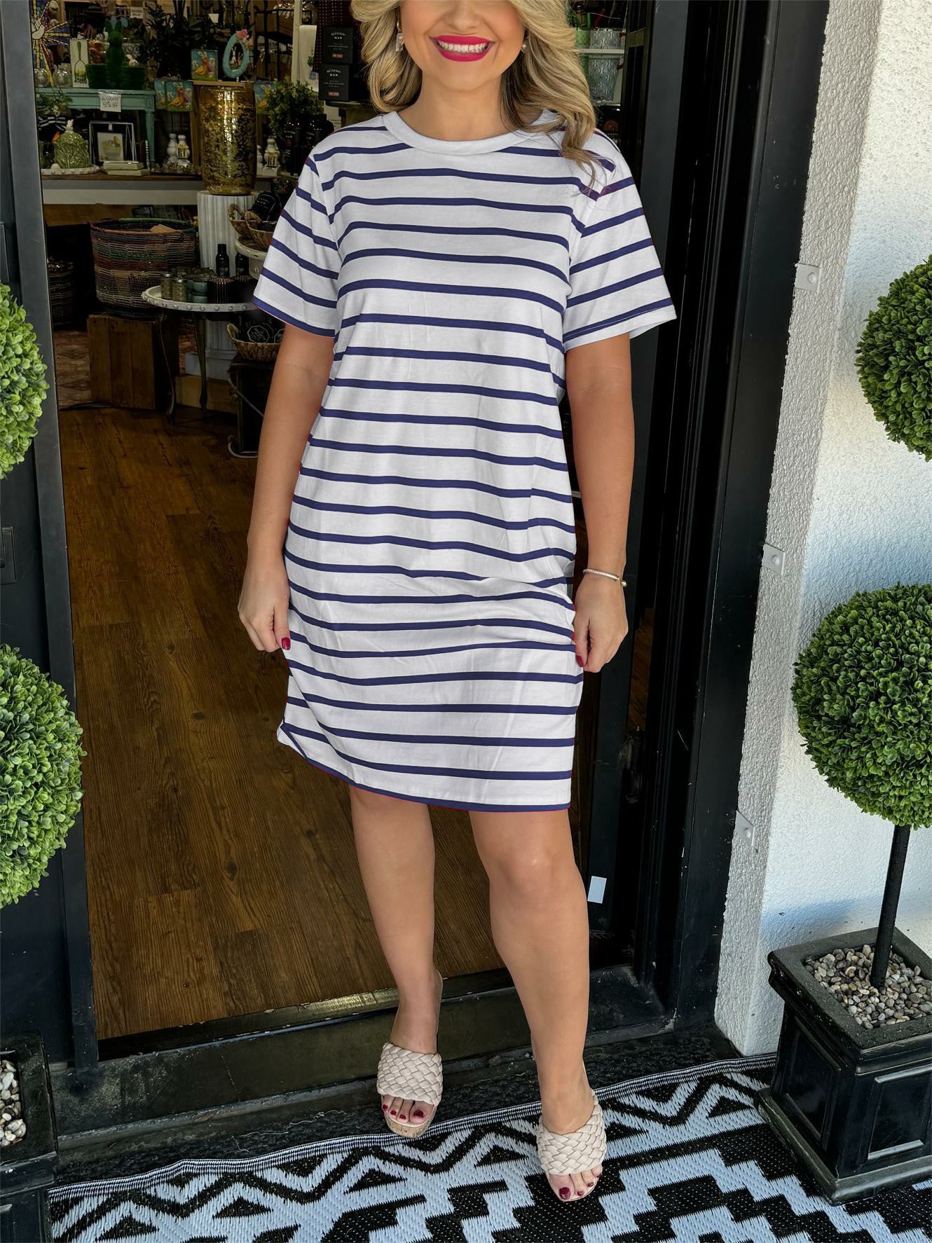 Summer Casual Striped T-Shirt Dress with Pockets