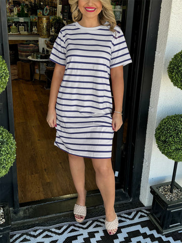 Summer Casual Striped T-Shirt Dress with Pockets