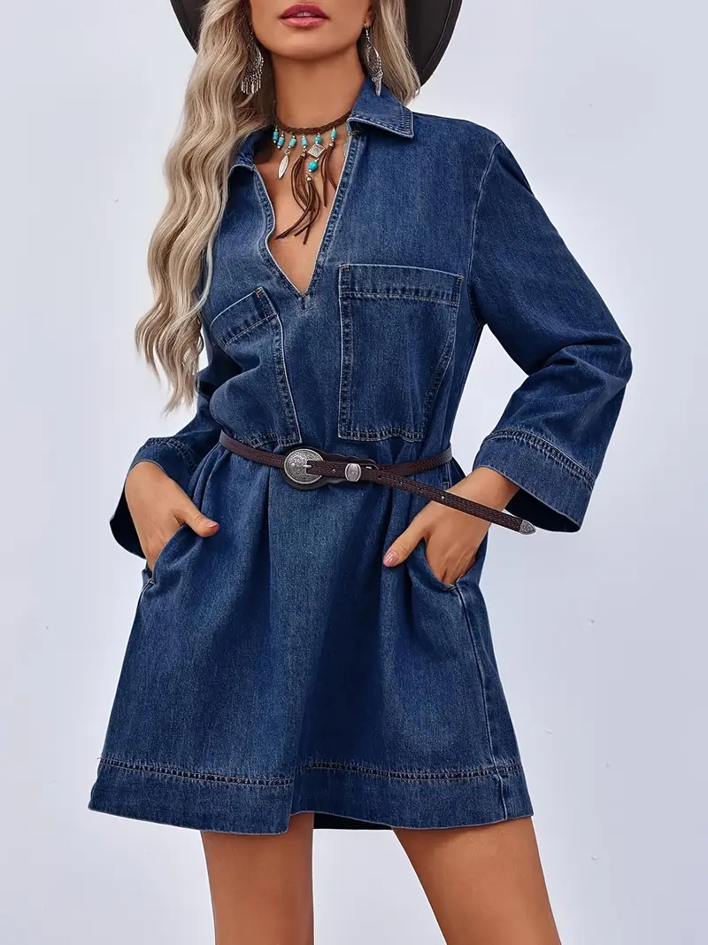 Women's  V Neck Loose Casual Denim Shirt Dress