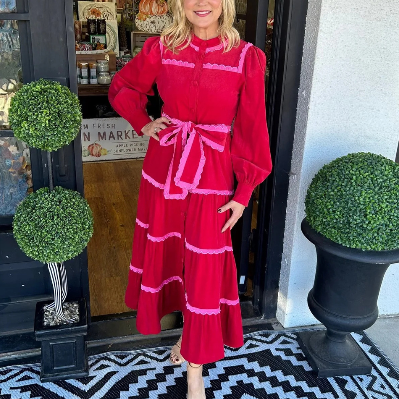 Women's Button Down Scalloped Tiered Corduroy Dress
