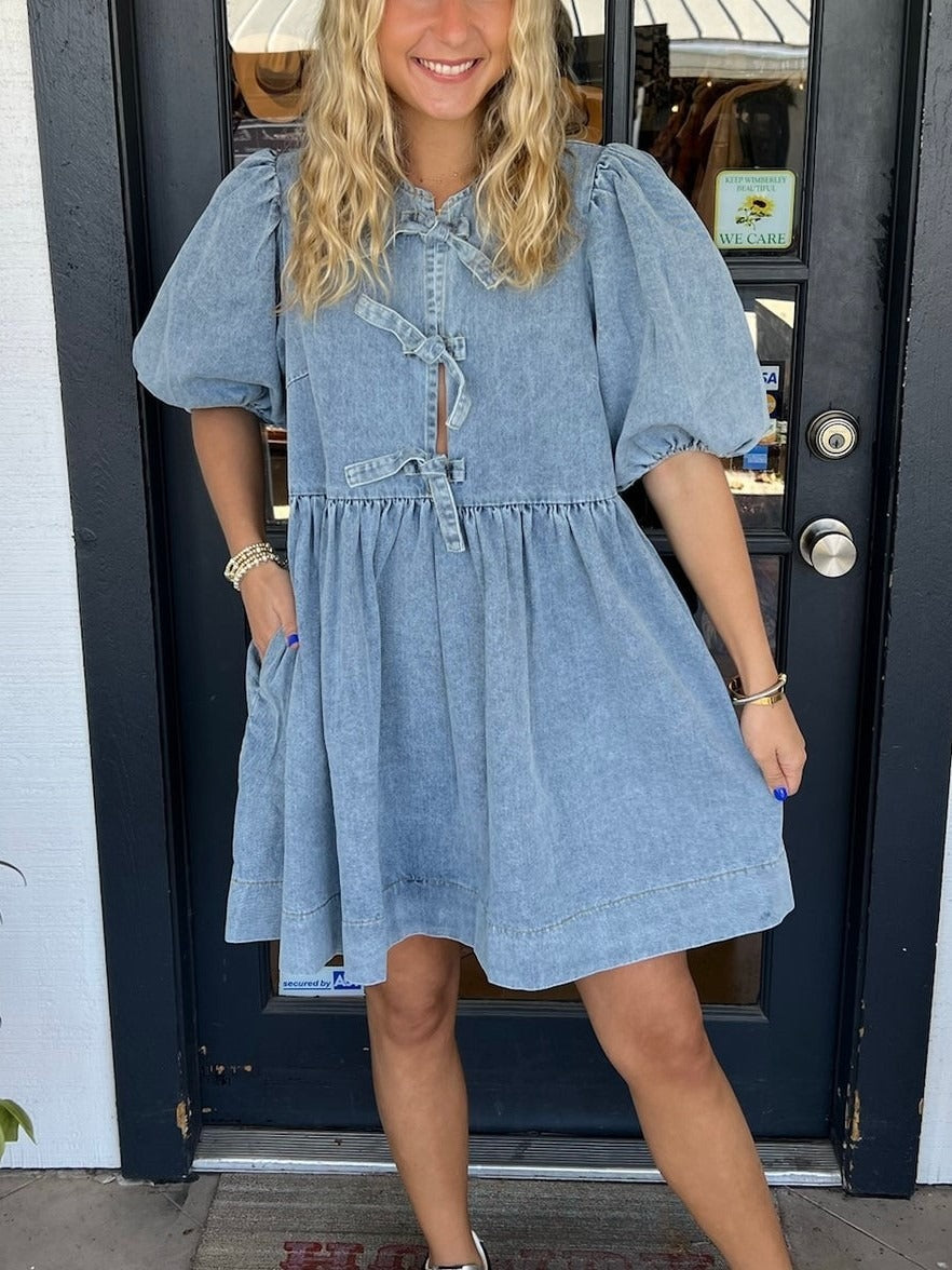 Bow Tie Puff Sleeve Denim Dress