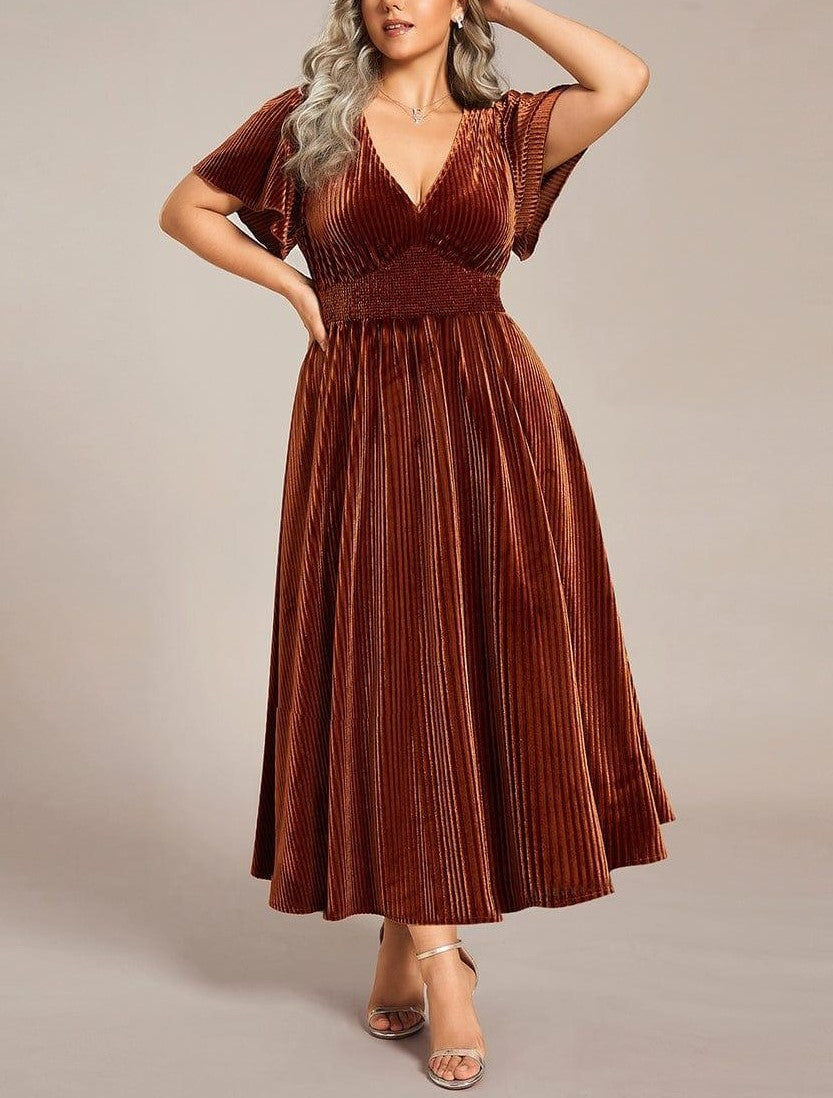 Women's V-Neck Short Sleeve Pleated Velvet Dress