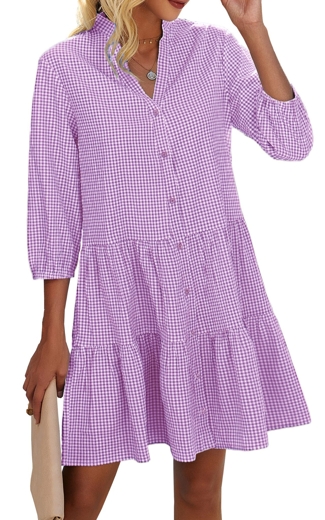 Women's Button Down 3/4 Sleeve Gingham Shirt Dress
