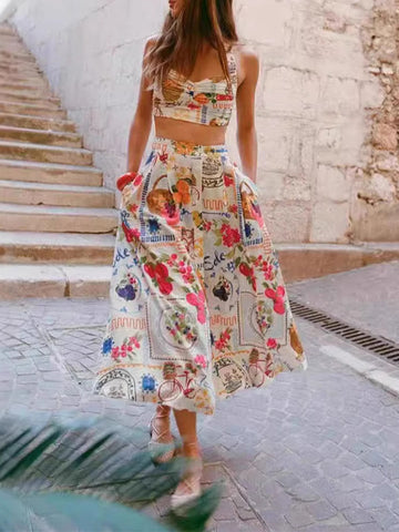 Fashion Casual Printed Vest & Skirt Set