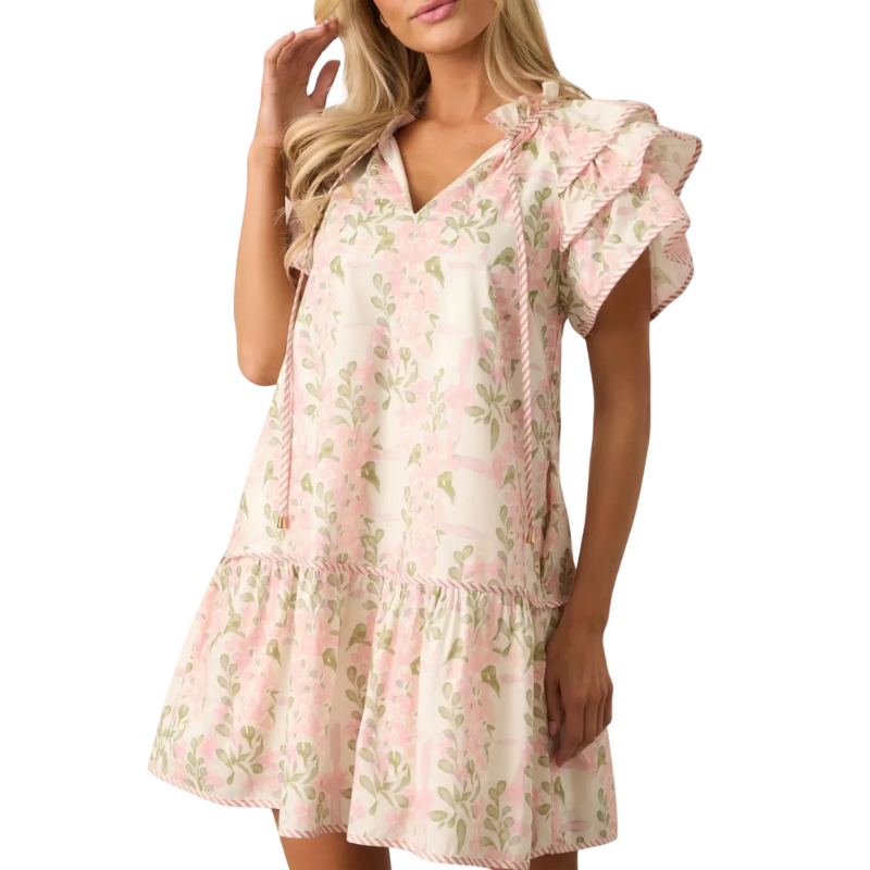 Women's Floral Contrast Edge Layered Short Sleeves Mini Dress