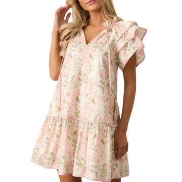 Women's Floral Contrast Edge Layered Short Sleeves Mini Dress