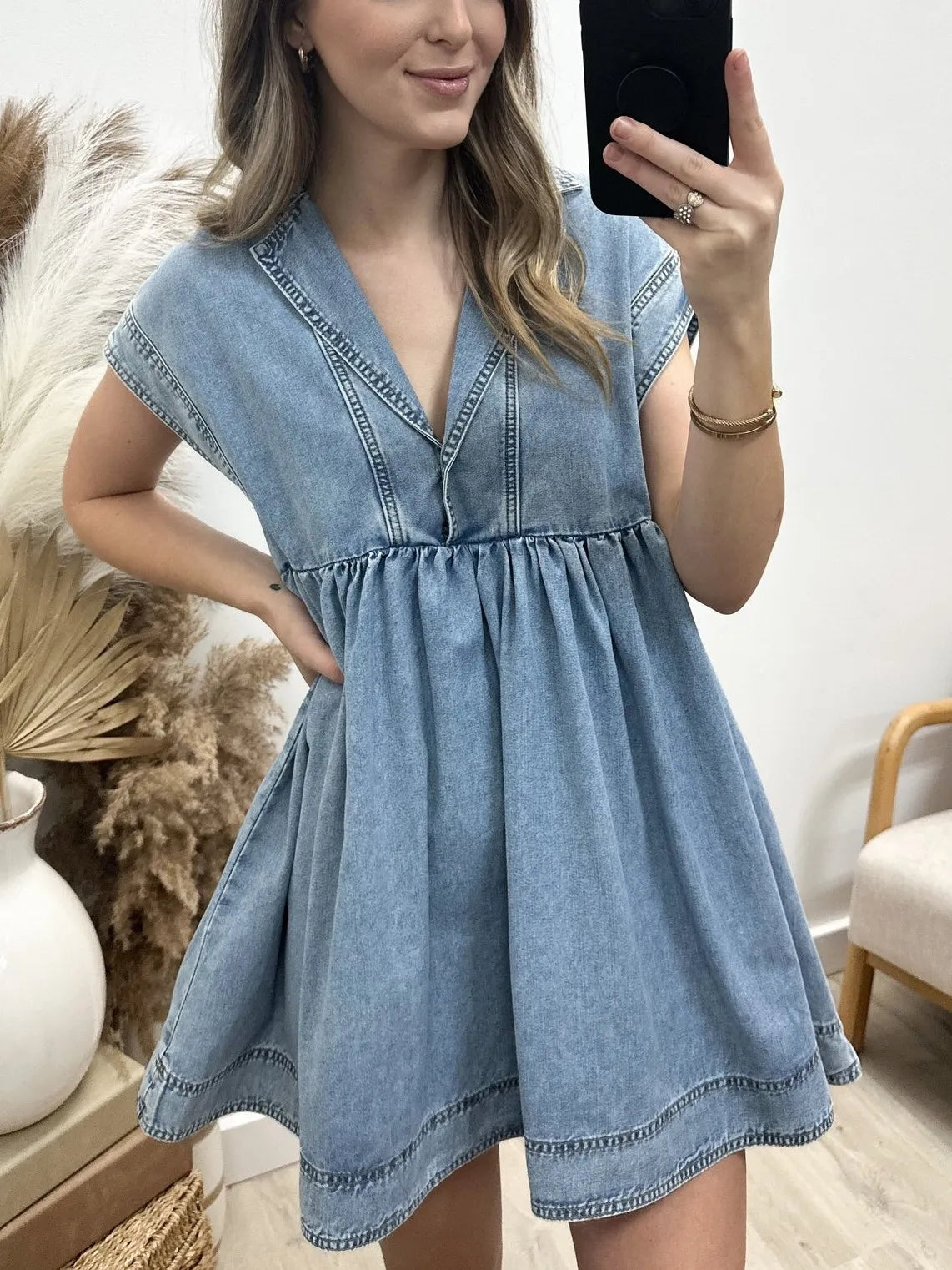 V Neck Lapel Cap Sleeve High Waist Denim Baby Doll Dress