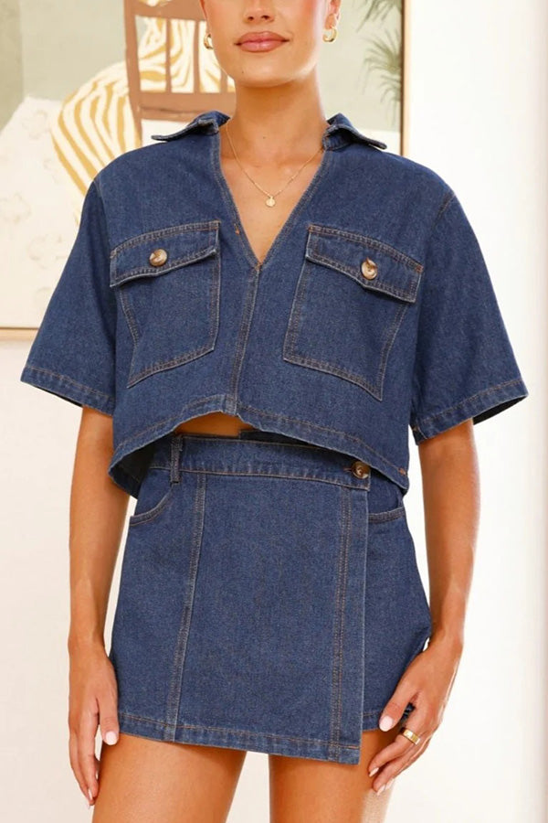 V-neck Short-sleeved Loose Top and Irregular Pocket Jeans Skirt Set