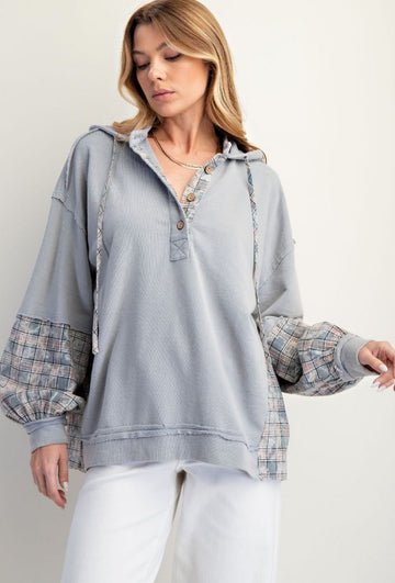 Plaid Mix Pullover Hoodie with Button Placket and Adjustable Hood