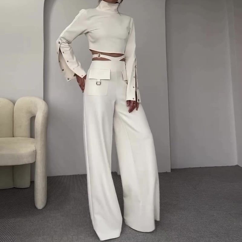 High Neck Button Bell Sleeve Top and Cutout Waist Metal Pocketed Flare Pants Set
