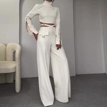 High Neck Button Bell Sleeve Top and Cutout Waist Metal Pocketed Flare Pants Set