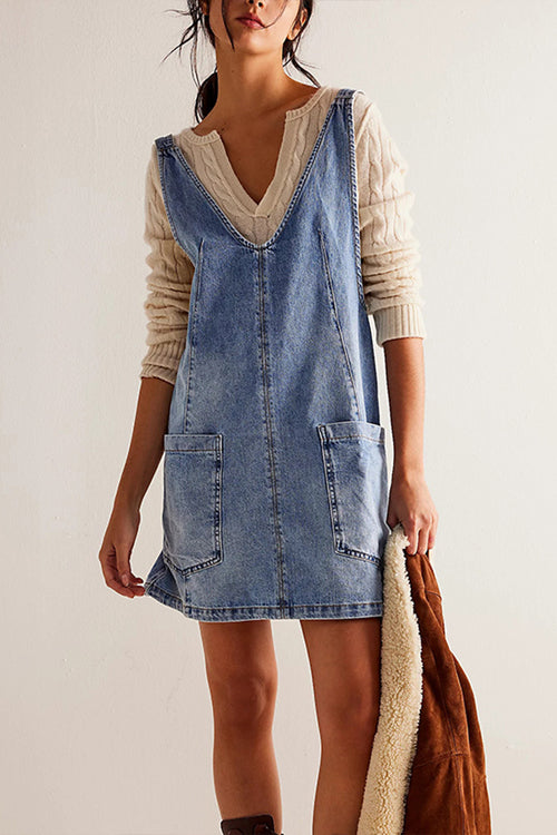 V Neck Vintage Backless Denim Mini Dress