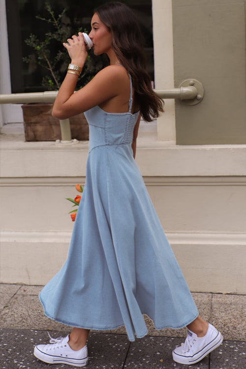 Solid Color Sleeveless Suspender Pleated Back Faux Denim Midi Dress