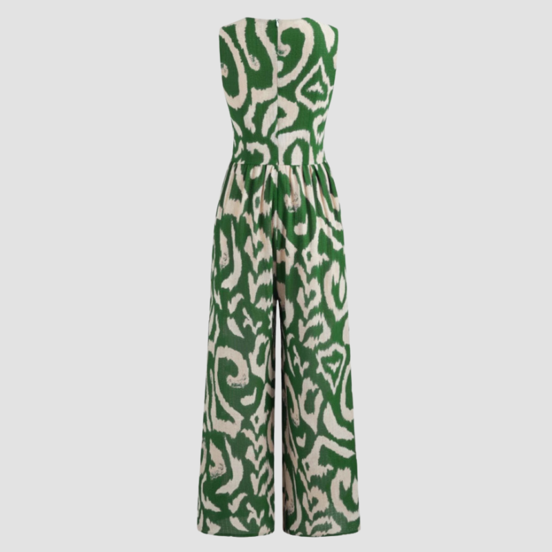 Woven V-neck Abstract Sleeveless Wide Leg Jumpsuit