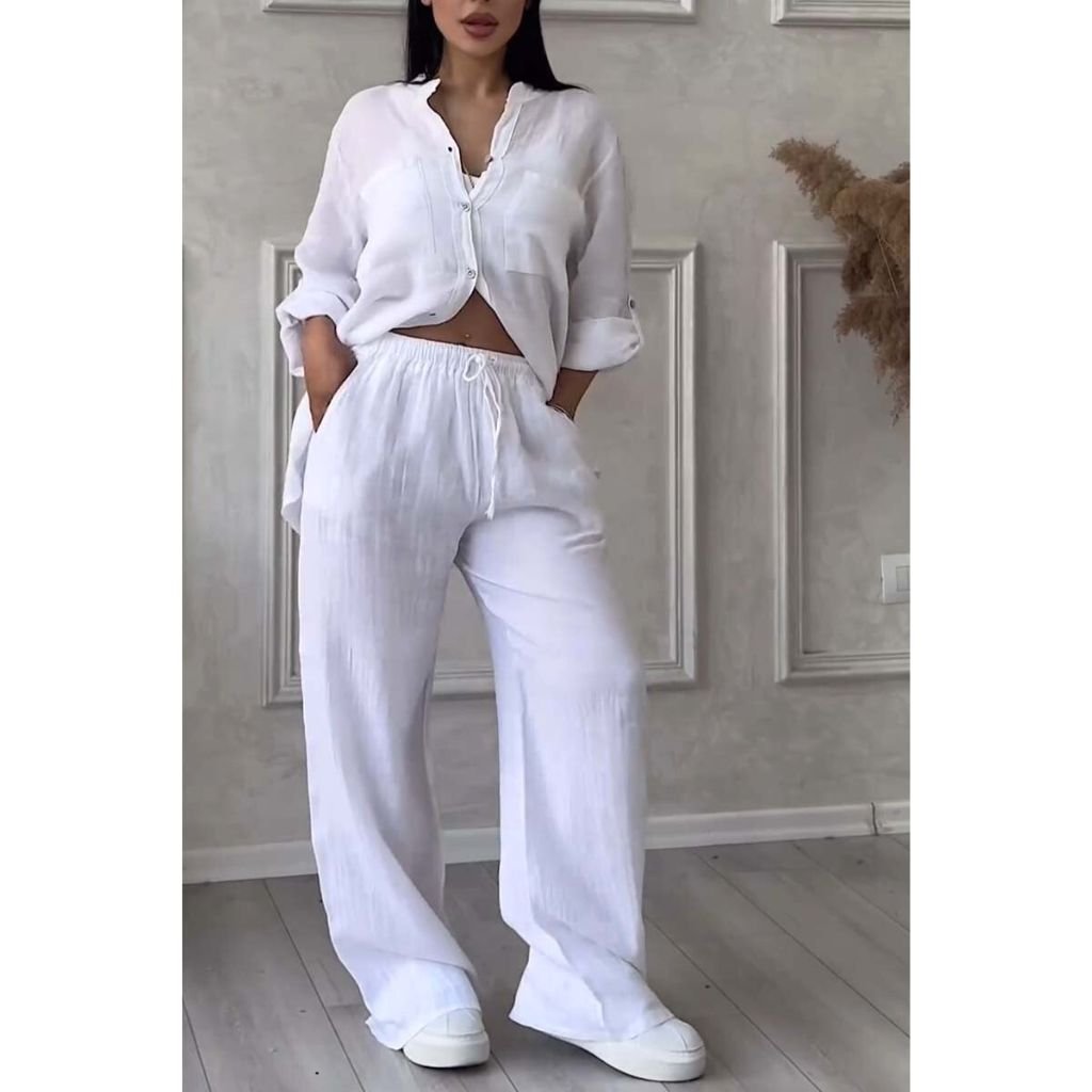 Two Piece Set Made Of Solid Color Cotton And Linen