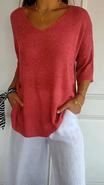 Solid V-neck Knitted Top