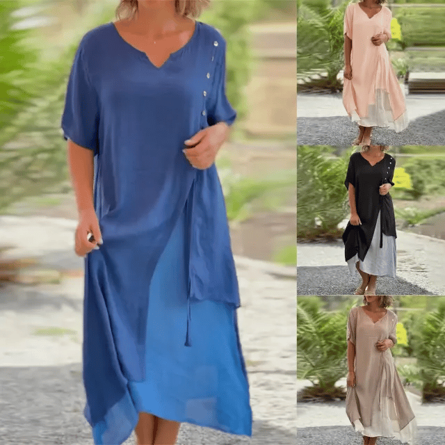 Spring/Summer V-neck Short-Sleeved Fake Two-Piece Irregular Casual Dress