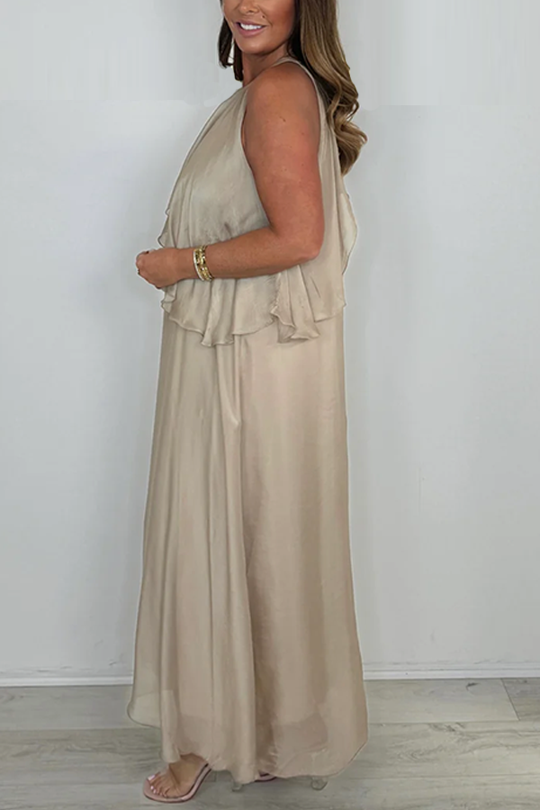 Silk Mix Sleeveless Tie Neck Waterfall Maxi Dress
