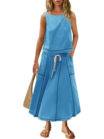 Women's Simple Fashion Sleeveless Top and Drawstring Skirt Two-Piece Set