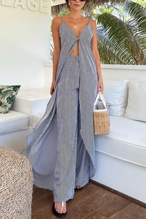 Strip Tank Top Long Loose Top And Loose Straight Pants