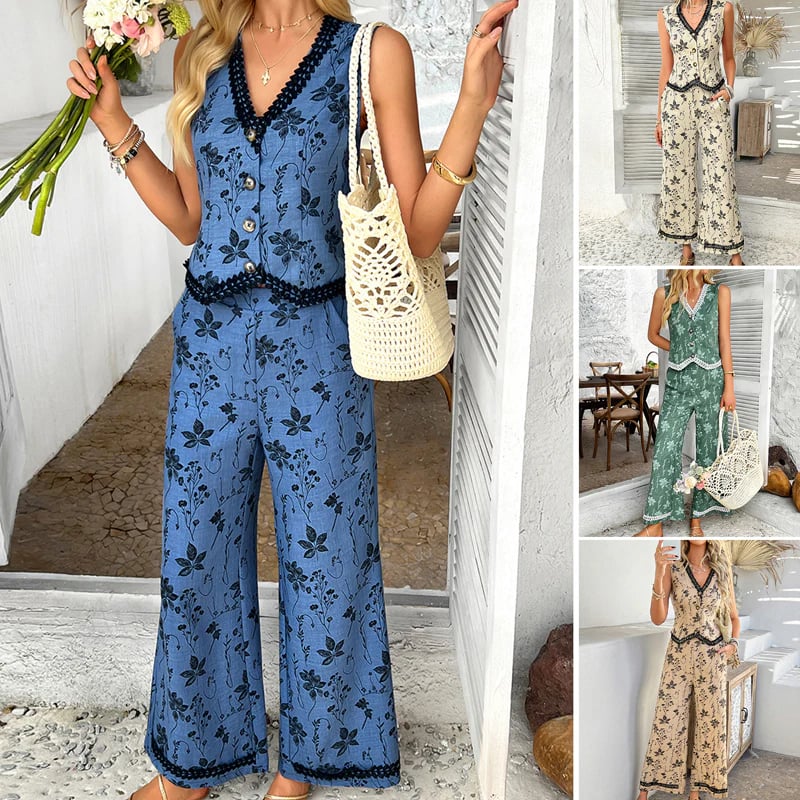Boho Vest Top And Wide Leg Pants Set