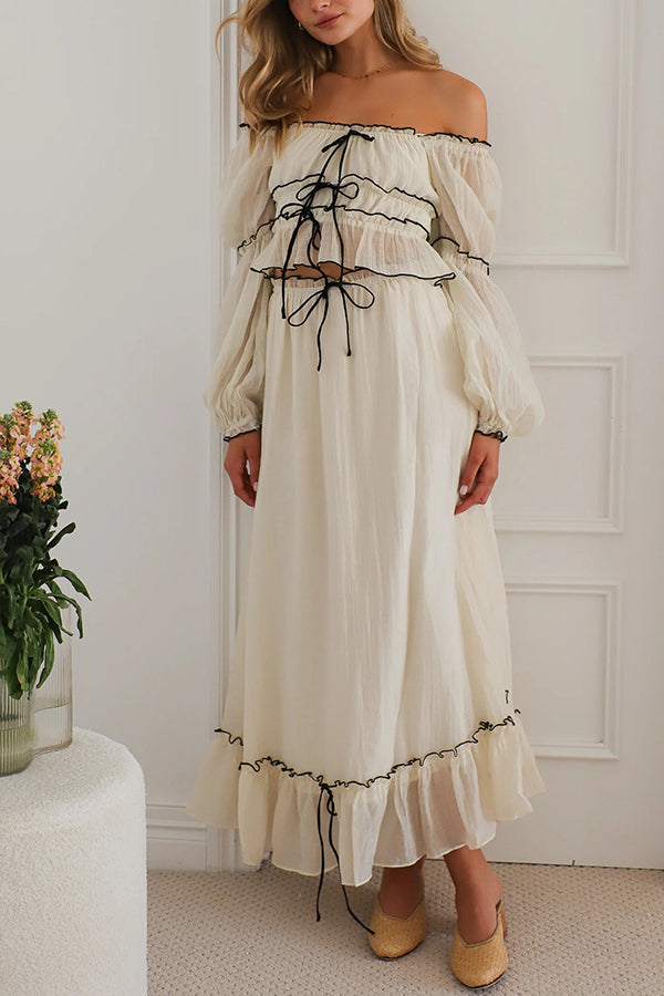 Off Shoulder Pleated Tie Top and Maxi Skirt Set