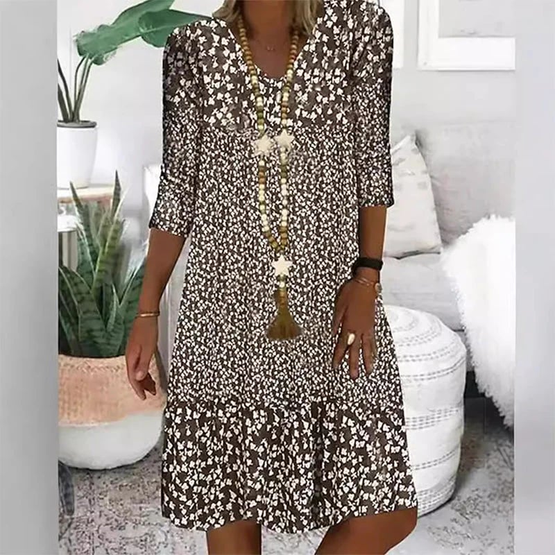 Women's Fashion Printed Women's Mid-Sleeve V-Neck Dress