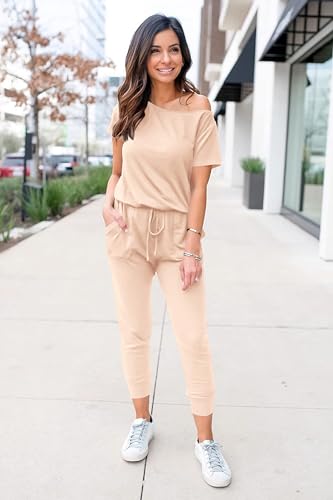 Women's Off Shoulder Elastic Waist Stretchy Long Romper Jumpsuit
