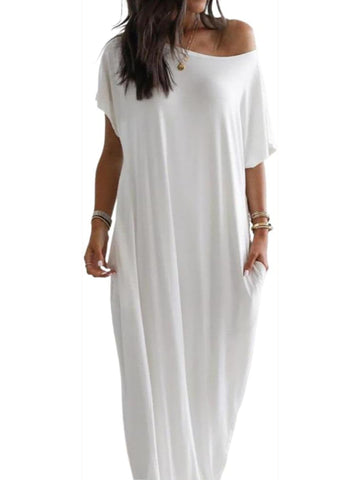 2025 Women's Off-shoulder Solid Color Bat Sleeve Dress Casual Long Dress