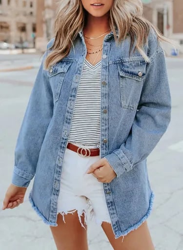 2025 Women's Casual Denim Button Down Distressed Jacket