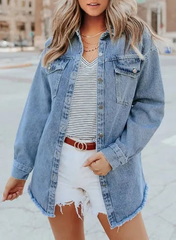 2025 Women's Casual Denim Button Down Distressed Jacket