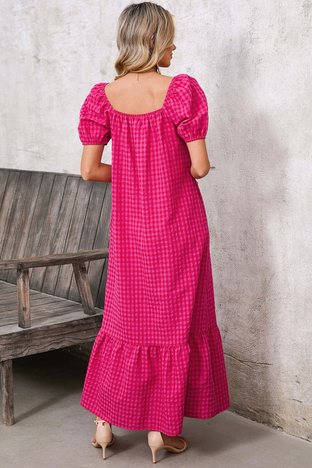 Women's Square Neck Puff Sleeve Plaid Maxi Dress