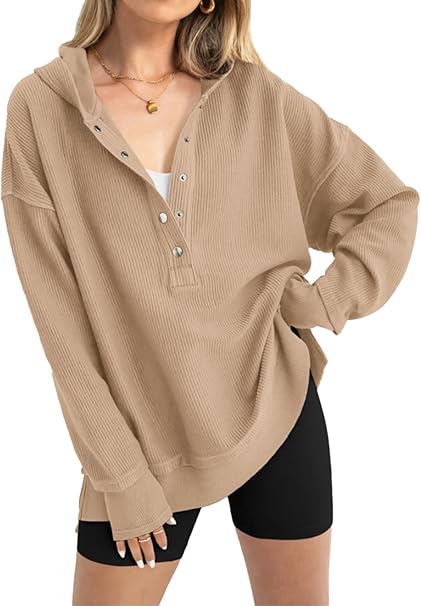Long Sleeve Hoodie Oversized Button Up V Neck Sweatshirt Side Slit Casual Pullover