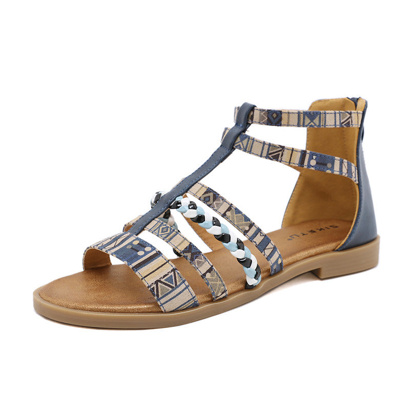 Colorful Color Blocks Flat Sandals Casual Comfortable Round-Toe Zipper Vintage