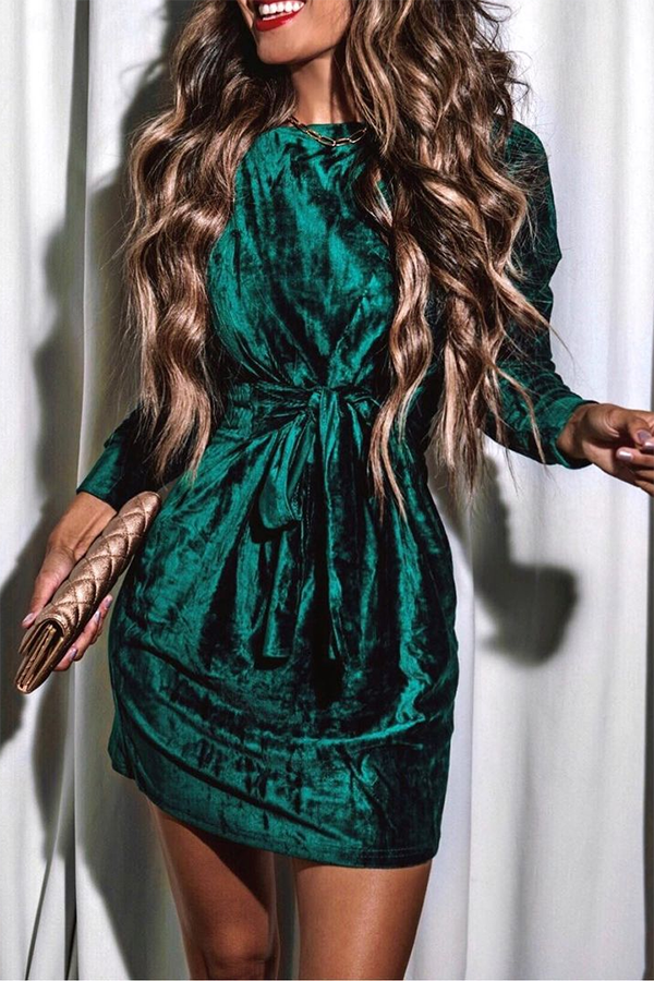 Tie Waist Velvet Round Neck Long Sleeve Mini Dress
