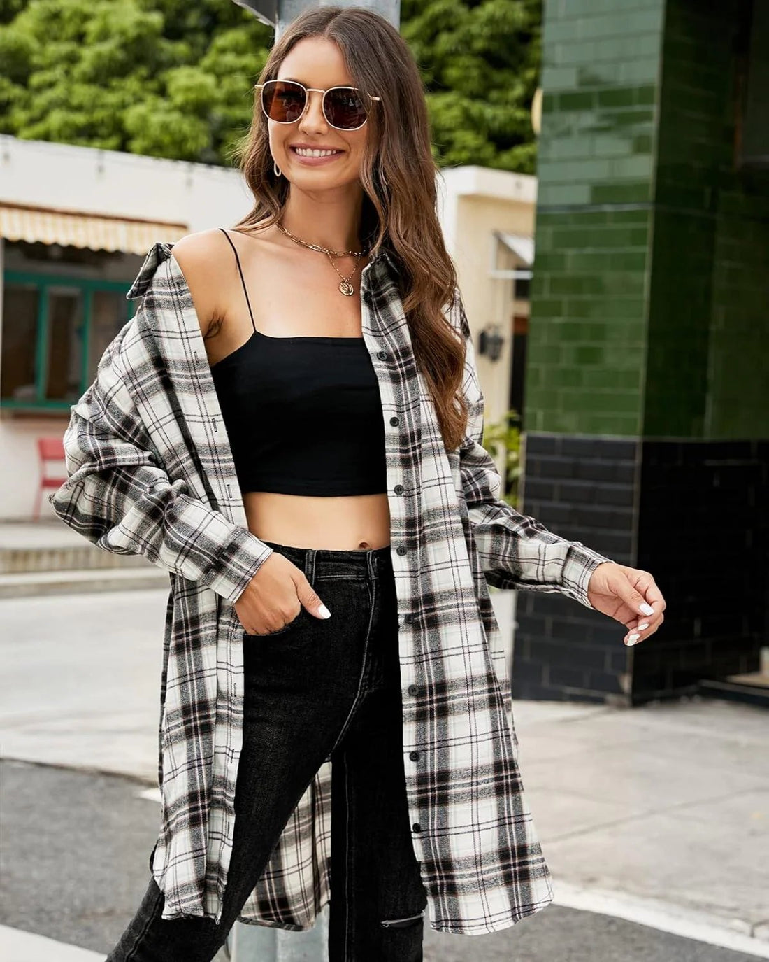 🔥Women's Autumn Button Down Flannel Shirts Plaid Shacket Collared Long Jacket Coats