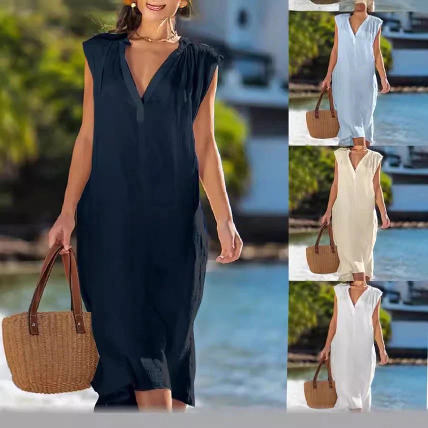 Sleeveless Cotton And Linen Dress With A V-neck