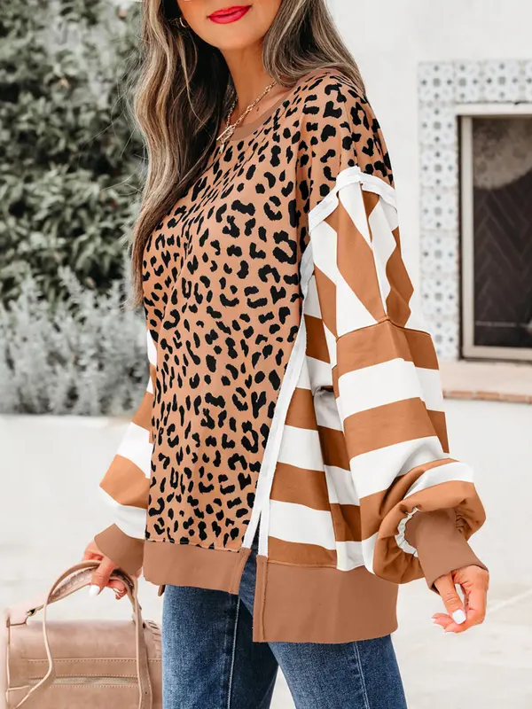 Women's Leopard Crew Neck Drop Shoulder Casual Sweatshirt