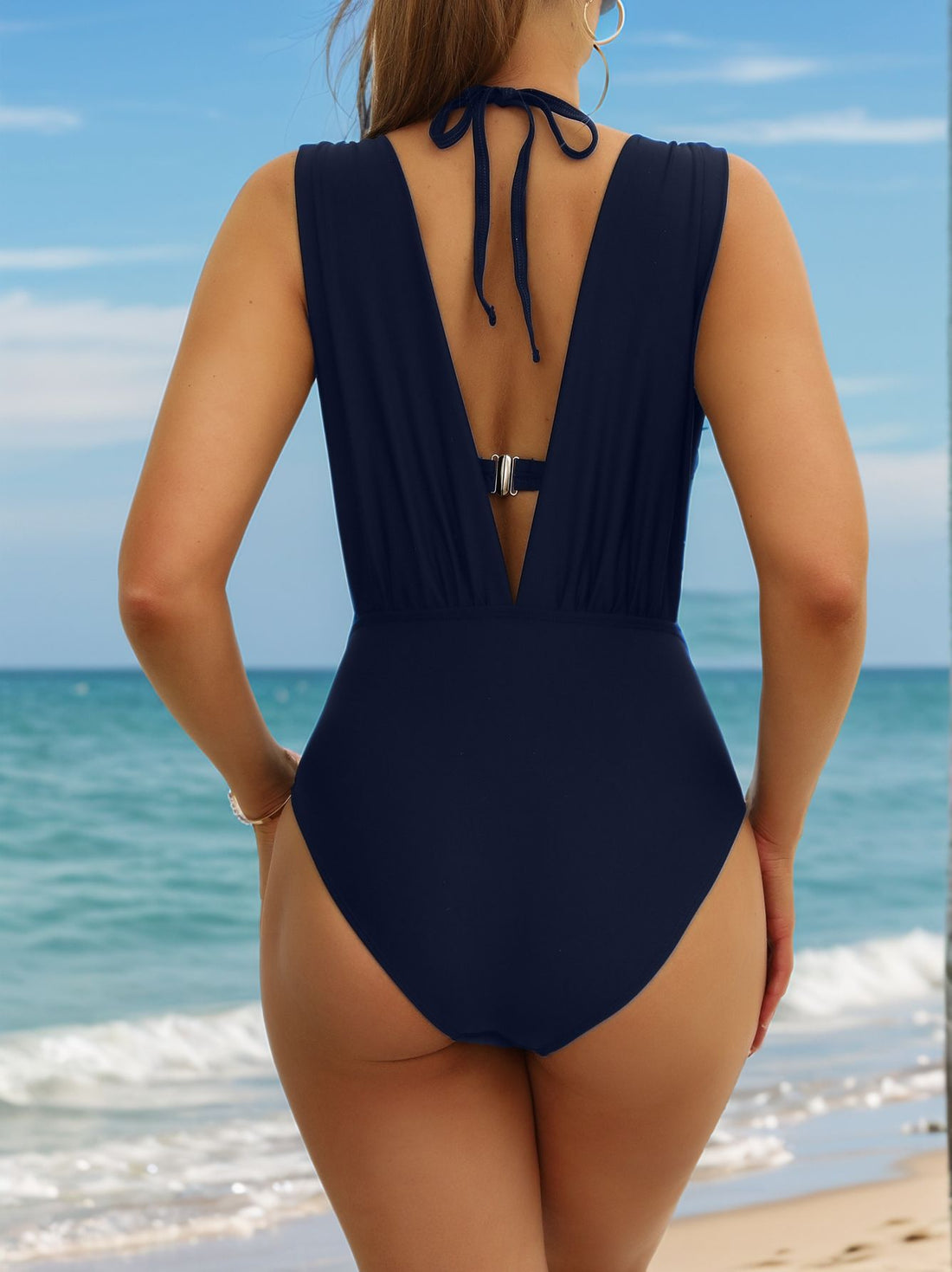 Women's Underwire Tummy Control One Piece Halter Plunging Neck Swimsuit